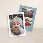 Photo - huge Merry Christmas - Baby Blue Accents Holiday Card<br><div class="desc">A large Christmas photo with a white border makes a modern and bold holiday greeting. Large Vertical photo on the front Back Design The back design includes a pastel denim blue with a mod chevron pattern and a place for 2 more photos. You can change this colour in the advanced...</div>