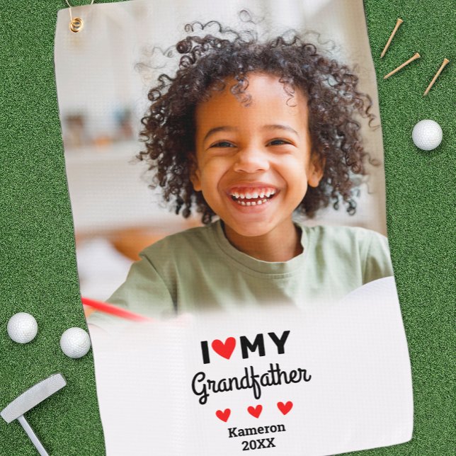 Photo I Love My Grandfather Golfer Name Custom Golf Towel (Photo I Heart Love My Grandfather Golfer Name Golf Towel)