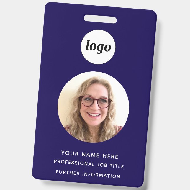 Photo ID Clean Professional Navy Blue Name Badge (Simple logo with custom text business branding promotional photo ID badge in navy blue)