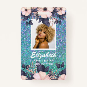 PHOTO ID - Employee VIP Pass Girly Glitter Flowers ID Badge