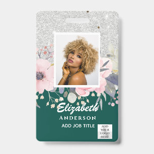 PHOTO-ID Employee VIP PASS Girly Glitter Flowers ID Badge