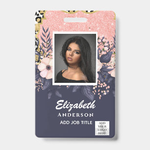 PHOTO-ID Employee VIP PASS Girly Glitter Flowers ID Badge