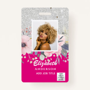 PHOTO-ID Employee VIP PASS Girly Glitter Flowers ID Badge