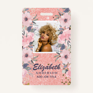 PHOTO ID - Employee VIP Pass Girly Glitter Flowers ID Badge