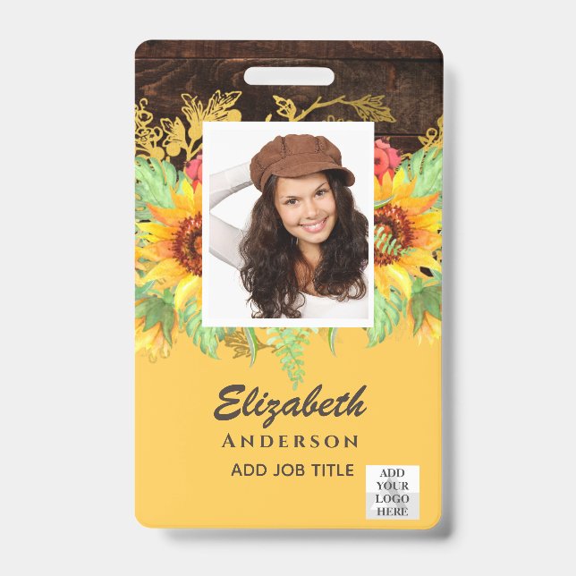 PHOTO-ID Employee VIP PASS RUSTIC Sunflowers ID Badge (Front)
