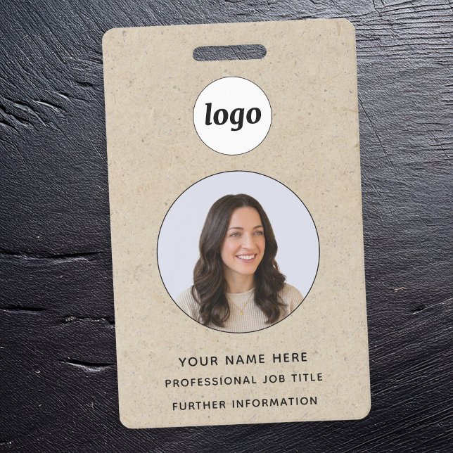 Photo ID Professional Brown Paper Effect Name Badge (Simple logo photo ID business name badge with brown paper card effect)