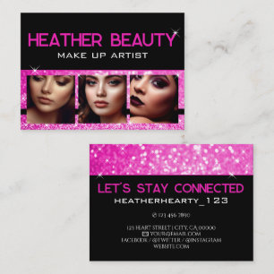 Photo Image Template Luxury Neon Girl Pink Glitter Business Card