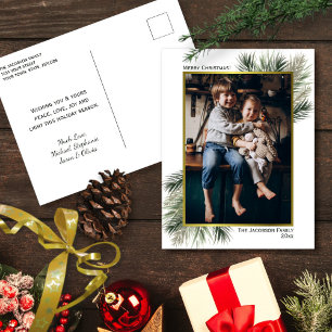 Photo in Gold Frame with Pine Branches Christmas Holiday Postcard