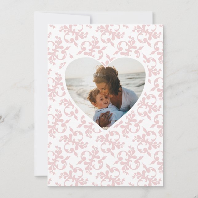 Photo in Heart Pink Rococo Pattern Mother`s Holiday Card (Front)