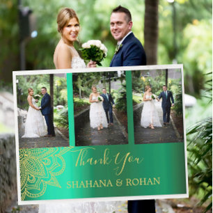Photo Indian Style Green Gold Wedding Thank You Postcard