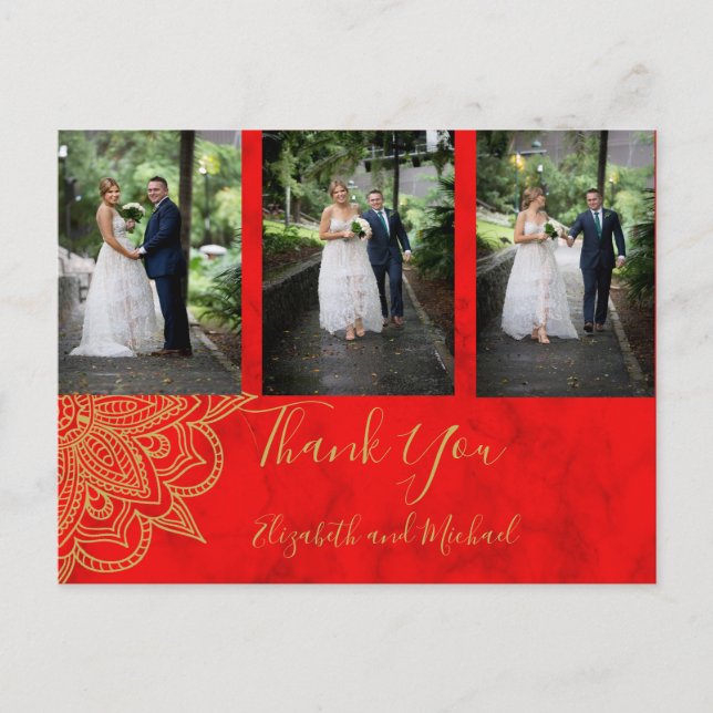Photo Indian Style Red Gold Wedding Thank You Postcard (Front)