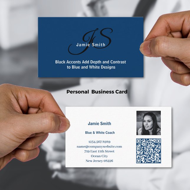 Photo & Initials Blue and White Personal Business Card (Photo & Initials Blue and White Personal Business Card, QR code)