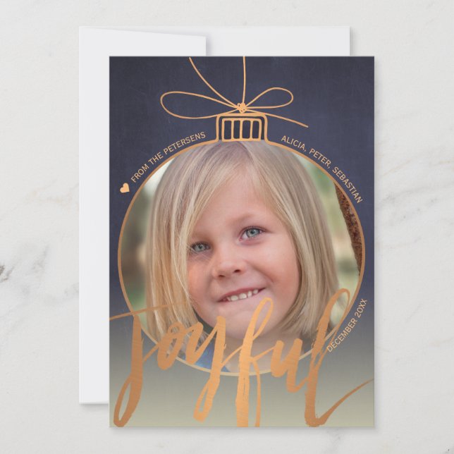 Photo Inside Christmas Tree Decor Rose Gold Joyful Holiday Card (Front)