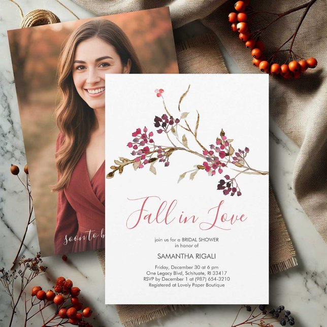 Photo Invitations Fall Bridal Shower Theme (photo invitations fall bridal shower theme cranberry red and brown fall in love)