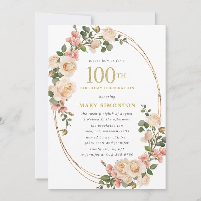 Photo Ivory White Rose 100th Birthday Party Invitation (Front)