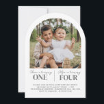 Photo Joint Arch First Birthday Invitation<br><div class="desc">A modern joint Birthday invitation featuring your own photo and two sections for the name and age of each child.</div>