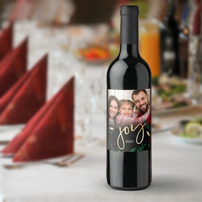Photo Joy Black Red Green Gold Greenery Christmas Wine Label (Creator Uploaded)