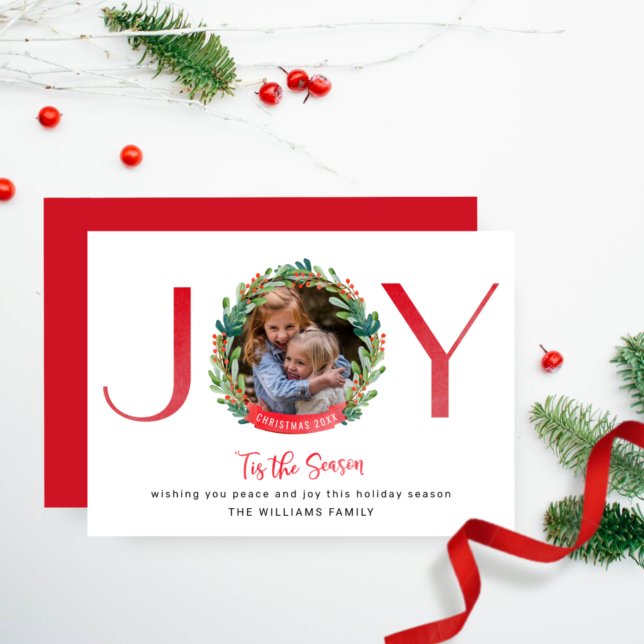Photo, Joy in Greenery and Holly Personalised  Holiday Card (Creator Uploaded)