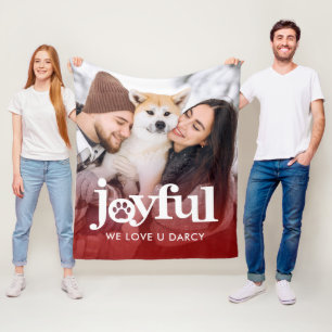 Photo Joyful Bold Typography Pawprint Red Gradient Fleece Blanket
