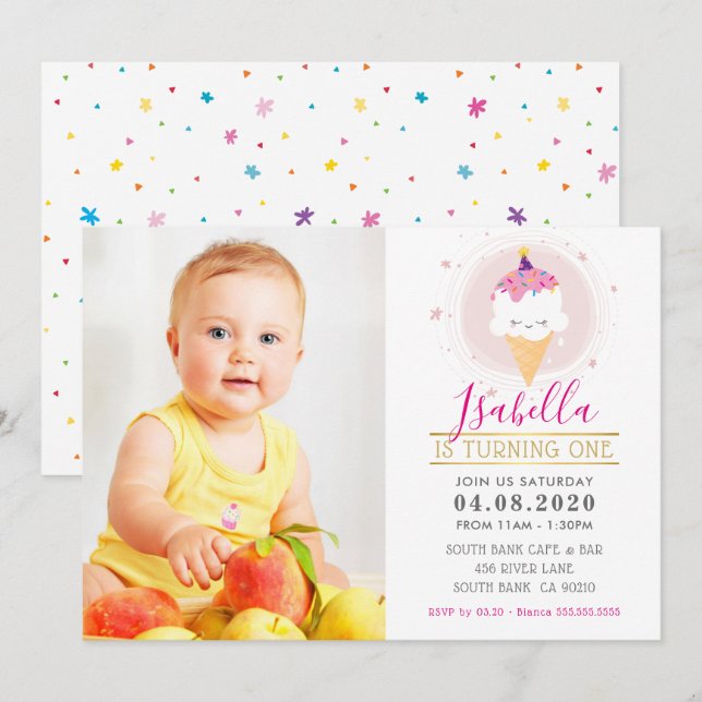 PHOTO KIDS BIRTHDAY PARTY colourful sweet ice crea Invitation (Front/Back)
