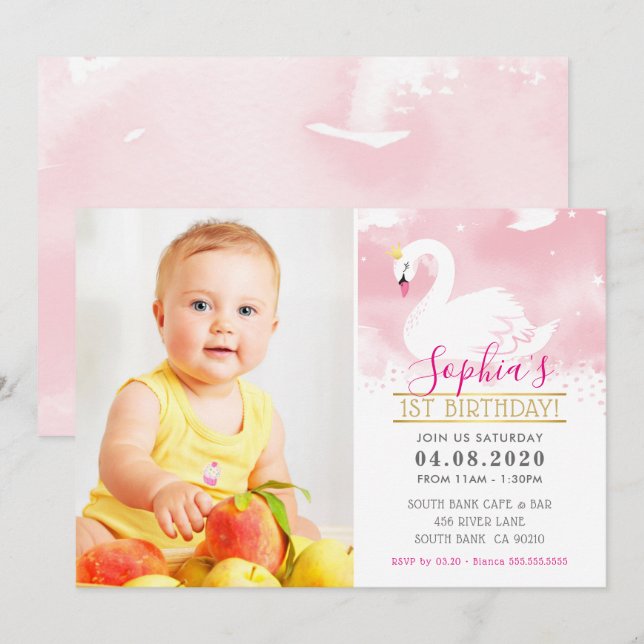 PHOTO KIDS BIRTHDAY PARTY swan princess cute pink Invitation (Front/Back)