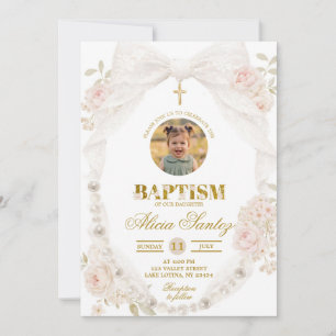 Photo Lace Ivory Bow Pearl Baptism Invitation