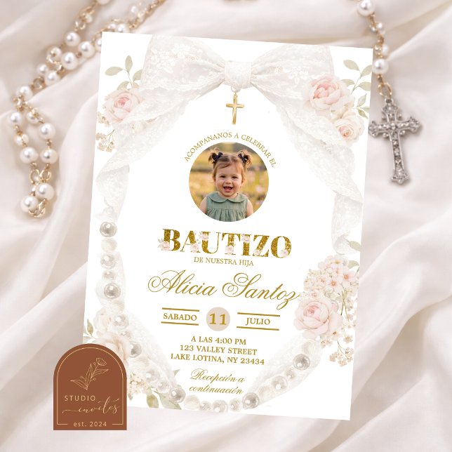 Photo Lace Ivory Bow Pearl Bautizo Invitation (Creator Uploaded)