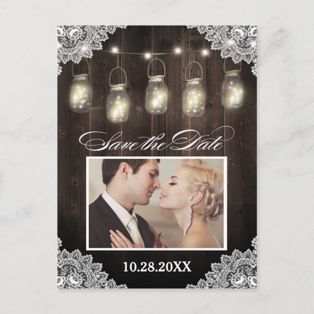 Photo Lace Wood Mason Jar Save the Date Postcards (Front)
