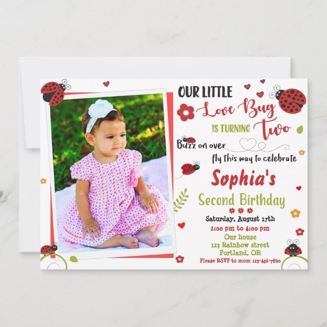 Photo Ladybug birthday invitation Girl love bug (Front)