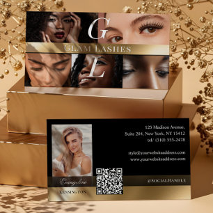 Photo Lash Technician Luxe Monogram Black Gold Business Card