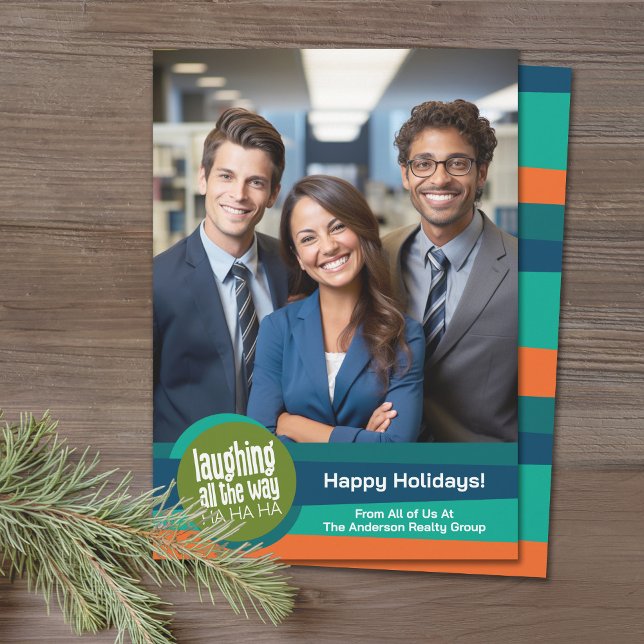 Photo Laughing All the Way Colourful Business Offi Holiday Card (Office Holiday Card - Modern Tech Design with Photo and your logo)