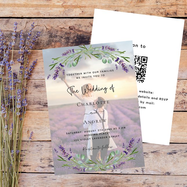 Photo lavender violet florals QR RSVP wedding Invitation (Creator Uploaded)
