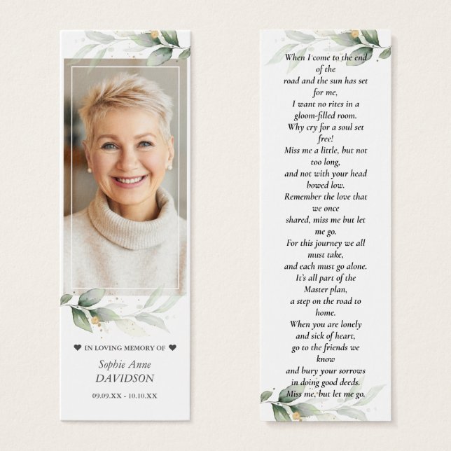 Photo Leafy Memorial Funeral Poem Bookmark (Front & Back)