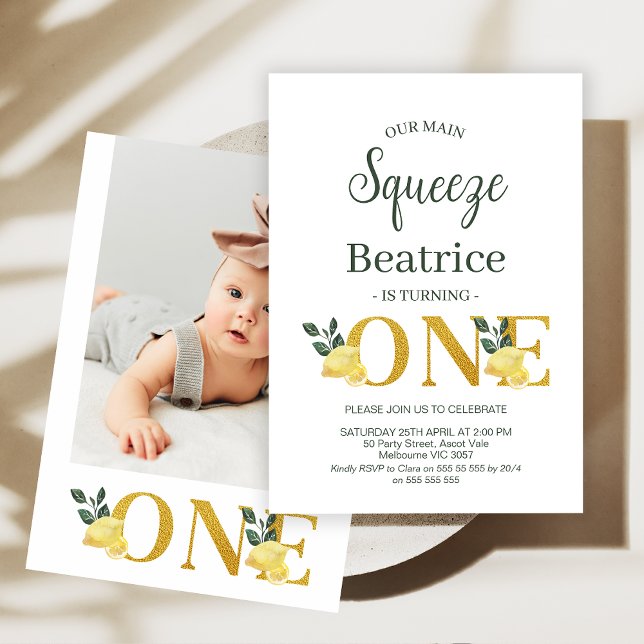 Photo Lemons Our Main Squeeze 1st Birthday Invitation (Lemon MAIN SQUEEZE 1st Birthday Invitation Lemonade Birthday Party Invitation Lemon Foliage Birthday)