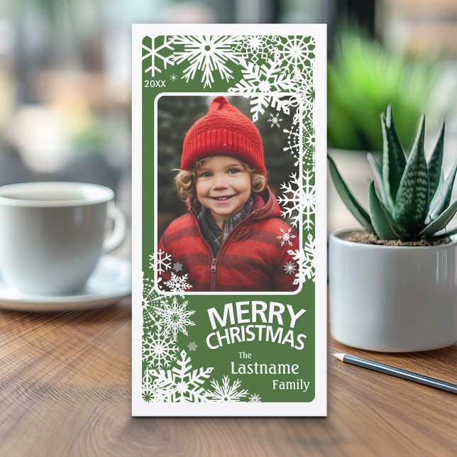Photo - Let It Snow - green white snowflakes Holiday Card (Classic Christmas Photo Card)