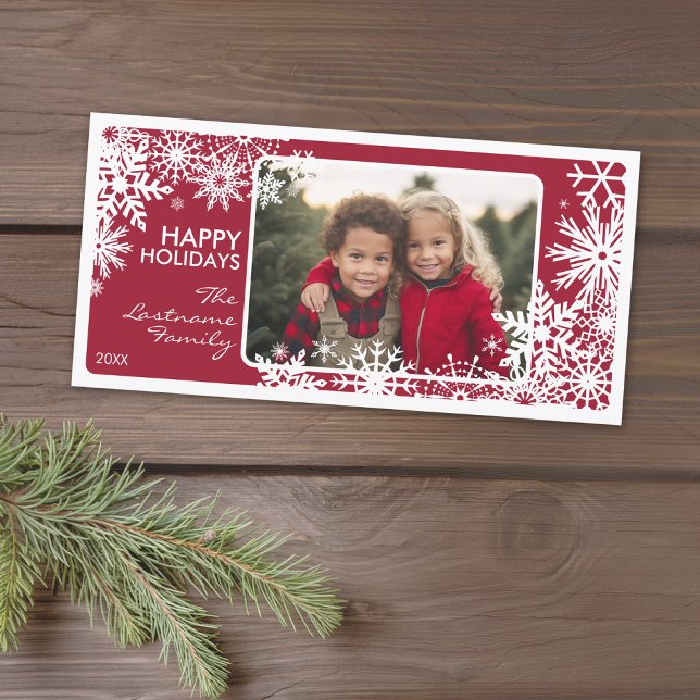 Photo - Let It Snow! Red White Snowflakes Holiday Card (A photo card with a Christmas theme. Add 1 photo and greeting. Download option available.)