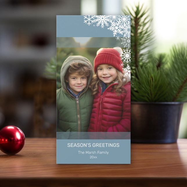 Photo - Let It Snow Snowflakes - blue white Holiday Card (Add 1 Photo to this online Christmas Card with 1 Photo)