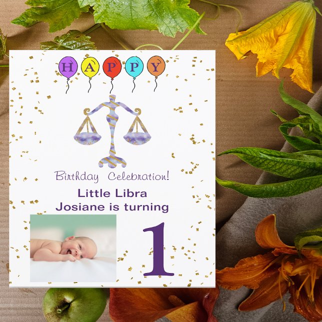 Photo & Libra Birthday with Gold & Balloons Invitation (Creator Uploaded)