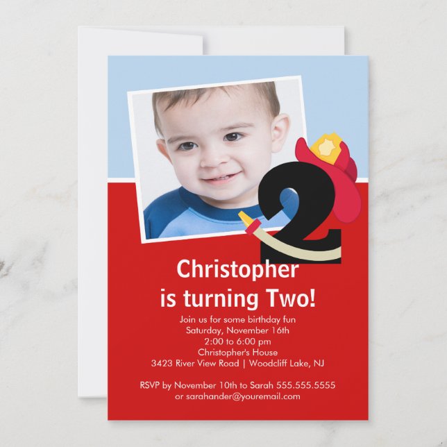 Photo Little Firefighter Boy 2nd Birthday Party Invitation (Front)