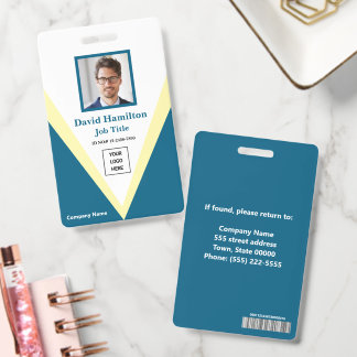 Photo Logo Barcode Bleu White Yellow Geometric ID Badge