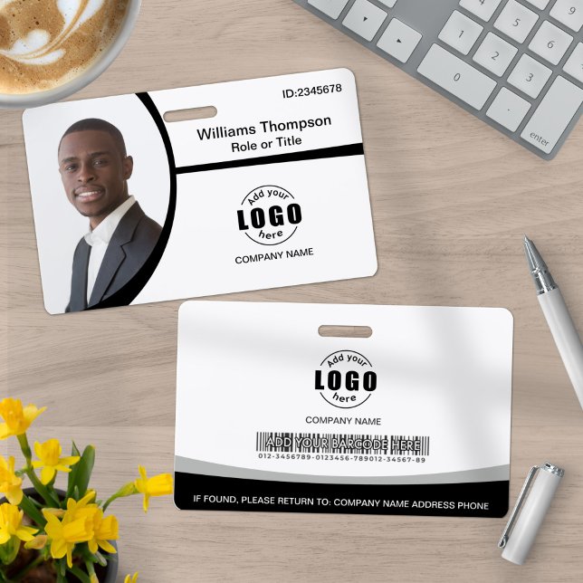 Photo Logo Barcode Employee Black and White ID Badge (Creator Uploaded)
