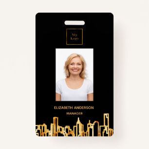 Photo logo black gold city skyline real estate ID badge