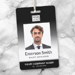 Photo logo black gradient modern employee id ID badge<br><div class="desc">Upload your own logo and photo and make custom name tags and employee id badges for your company. Easy to use template. You can resize the photo, logo and bar code with the design tool. To resize the photo you first need to unmask it. Fonts and colours except the white...</div>