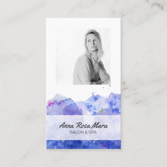 *~* Photo Logo Blue Purple Watercolor Girly Chic Business Card (Front)