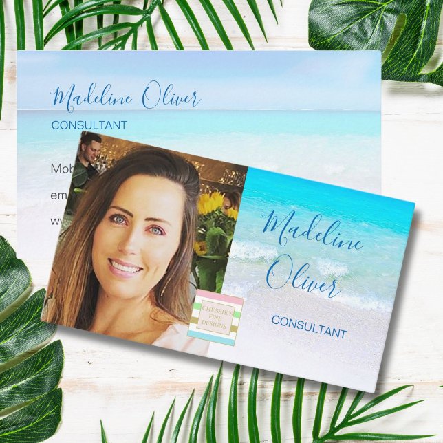 Photo Logo Ocean Beach Sea Travel Blue  Business Card (Creator Uploaded)