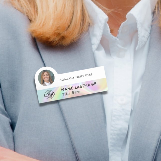Photo Logo Professional Faux Holographic Business Name Tag (Creator Uploaded)