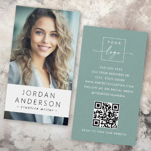 Photo logo QR code dusty sea green business card