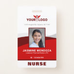 Photo Logo Red Template Employee Name Nurse ID ID Badge<br><div class="desc">Create your own DIY personalised red employee name tags and badges on this easy-to-use, modern template that you can add your own photo, business logo and other important company information onto. While the sophisticated design on these vertical professional name badges is shown for doctors, nurses and other medical staff, the...</div>