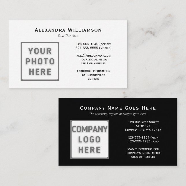 Photo Logo Template Black White Front Back Business Card (Front/Back)