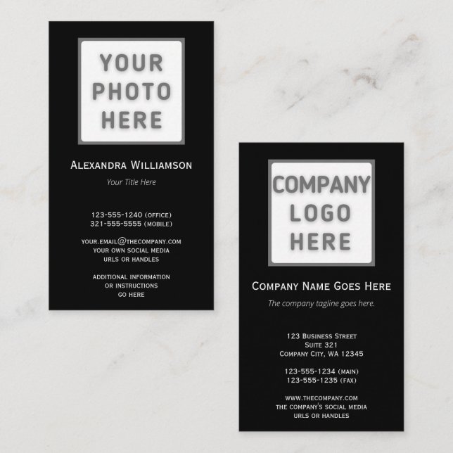 Photo Logo Template Plain Double-Sided Black Business Card (Front/Back)